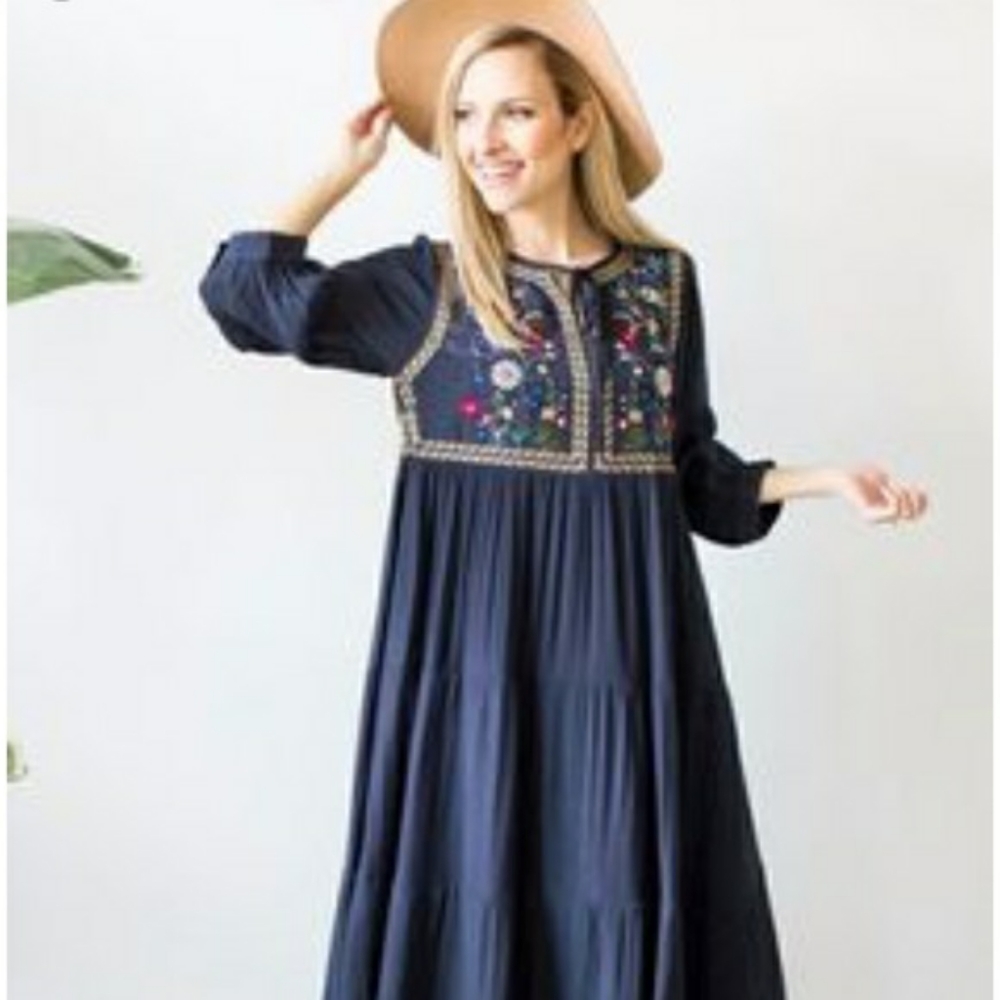 Orange Creek embroidered navy dress NWOT